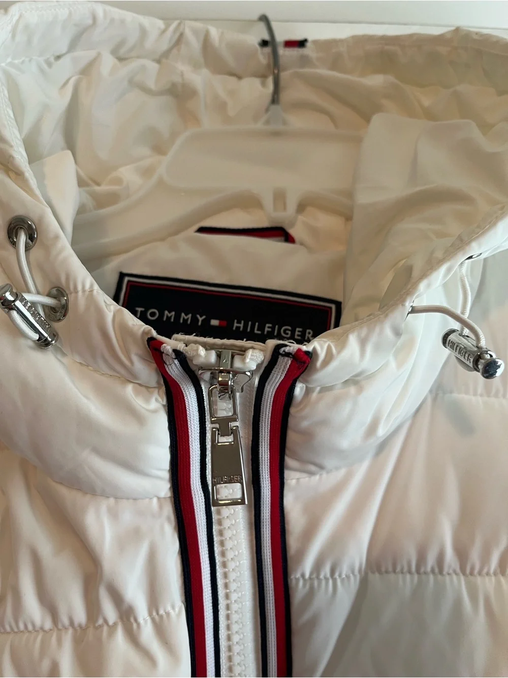 Tommy Hilfiger White Quilted Hooded Puffer with Signature Trim